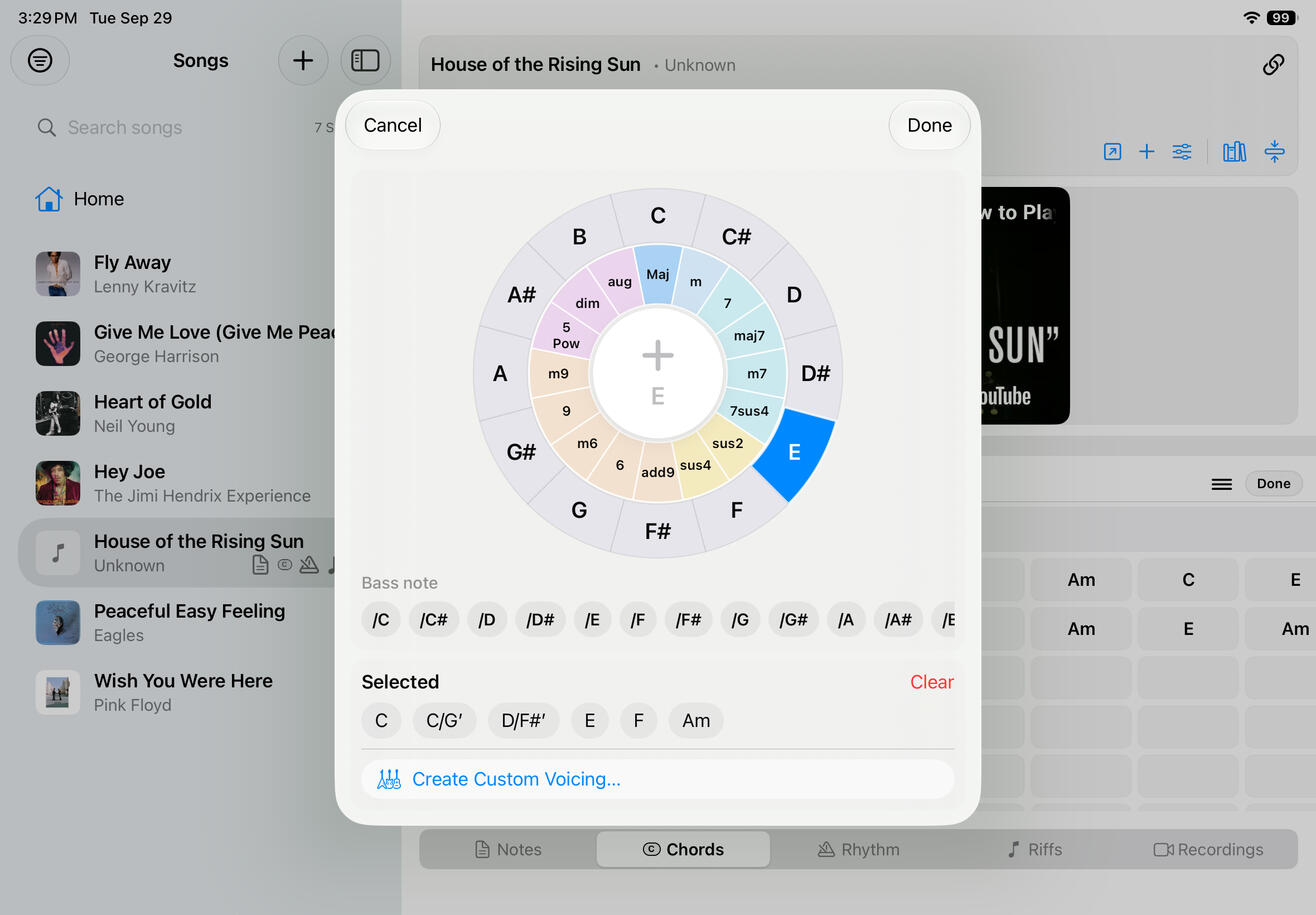 Choose chords quickly or create custom voicings